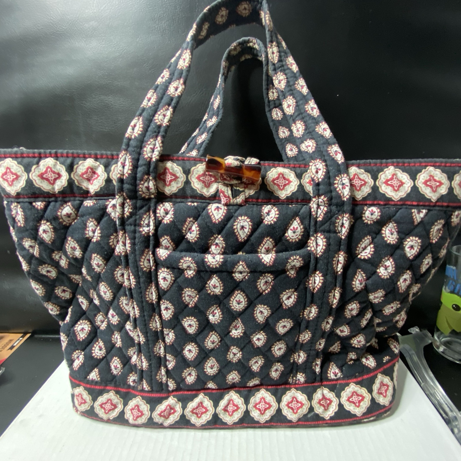 Vera Bradley Medium Tote Satchel Purse Black/Red Floral Toggle Button Closure