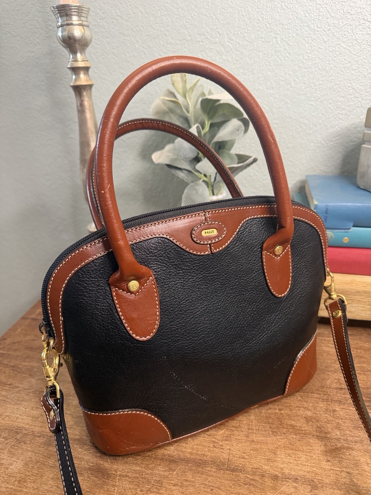 Bally Italy Black Leather Satchel Handbag Shoulder Bag Purse Two Tone Vintage