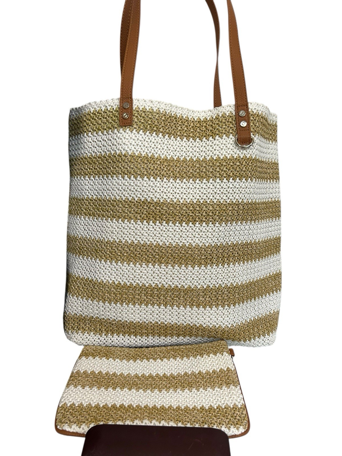 Jewell By Thirty-One Striped Woven Large Open Tote Bag W/Zip Pouch Tan White New