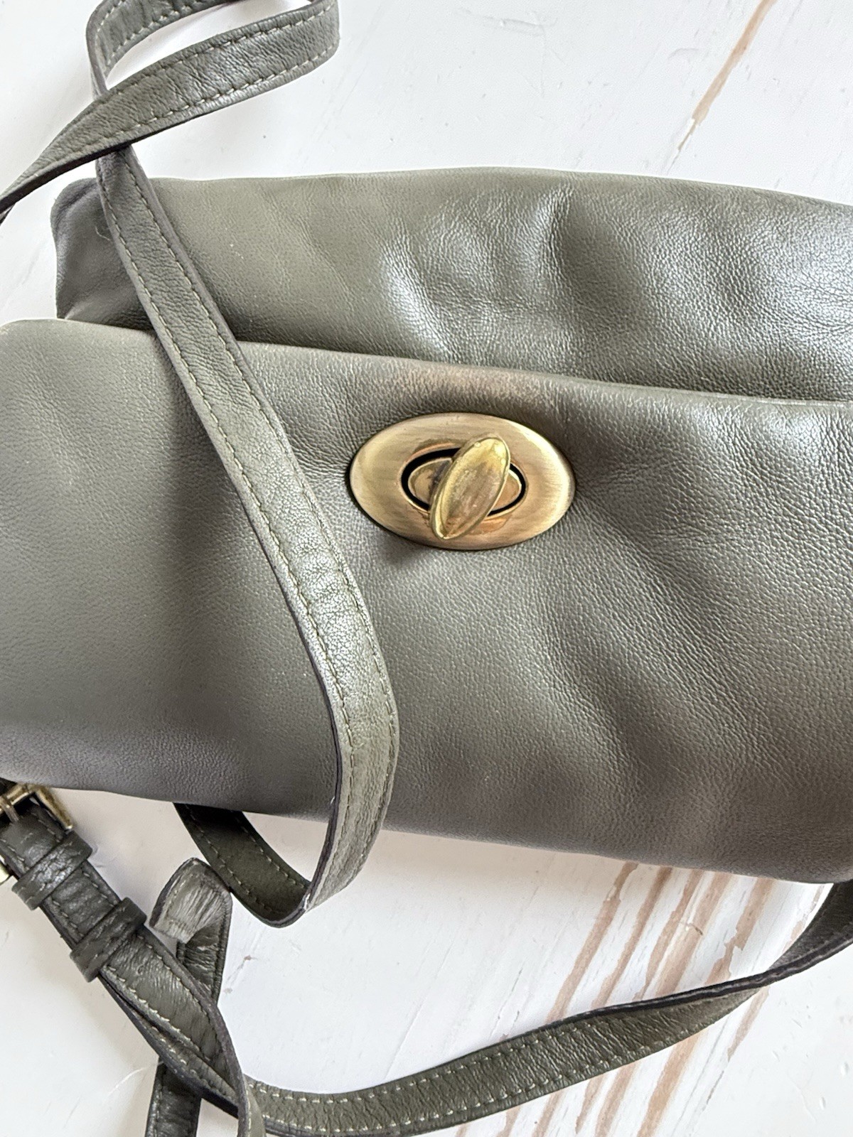 ✿ Fossil Green Leather Crossbody Bag Striped Lining RN 75343 Adjustable Strap