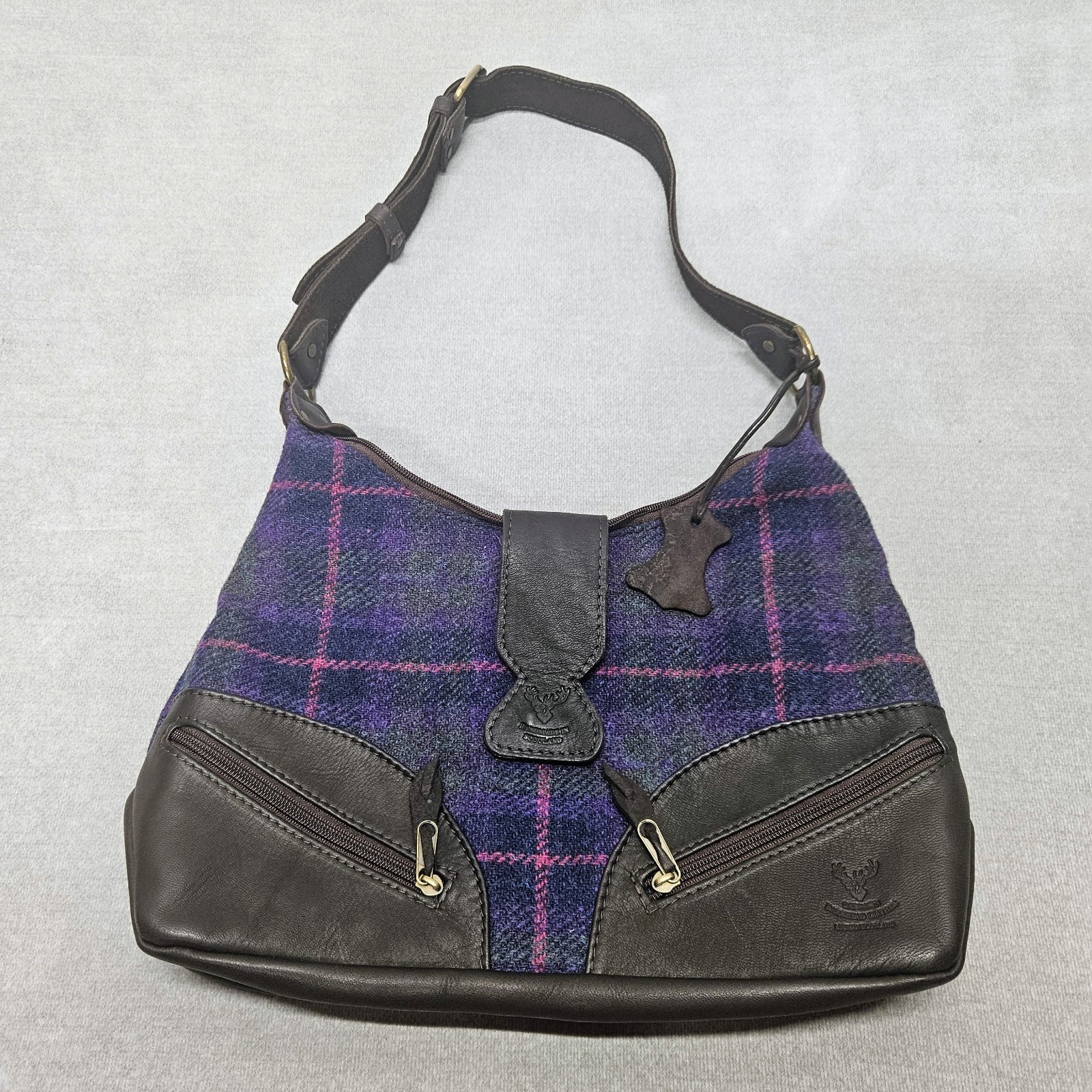 Scottish Deerskin Barrhead Leather Purple Pink Tartan Harris Tweed Handbag