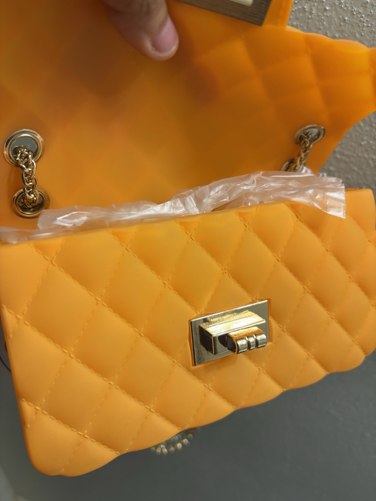 Women’s small Orange Solid Rectangle Crossbody Bag Gold Chain Strap Turn Lock
