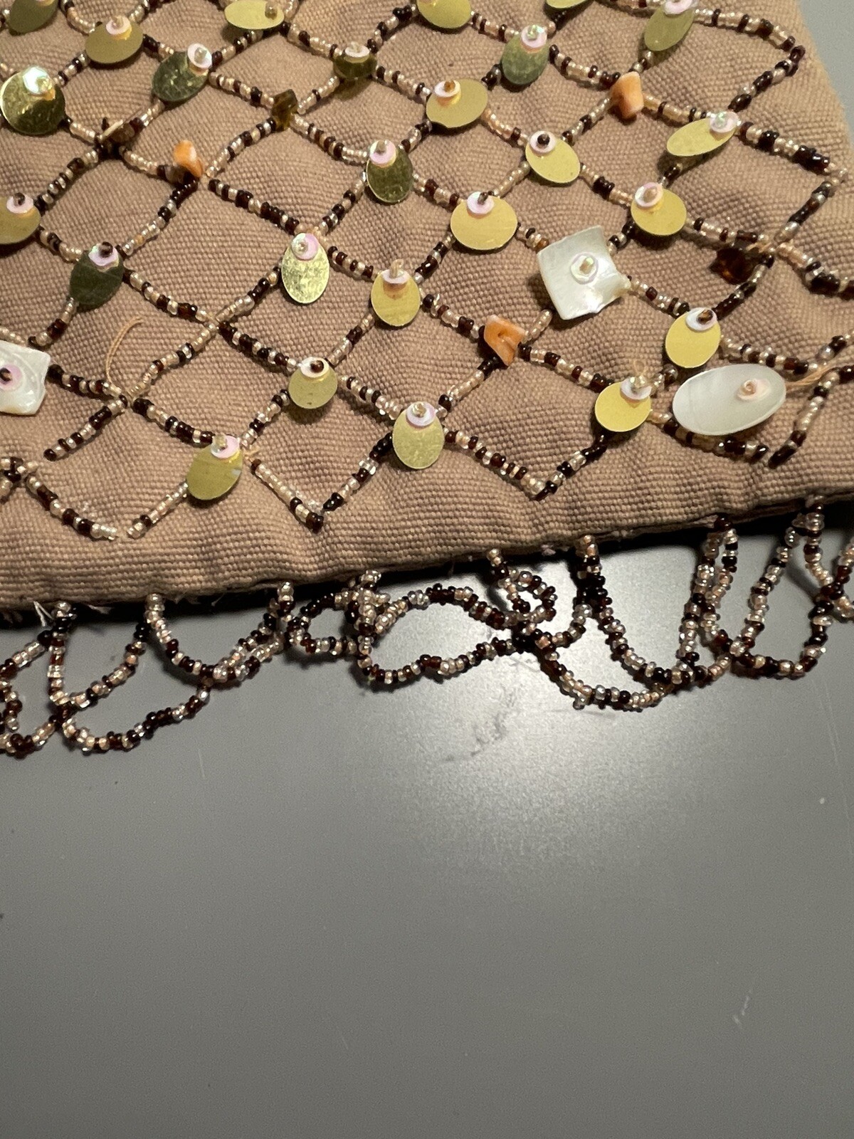 Shell Beaded Purse Handbag 8x 9” Sequins Wooden Handles