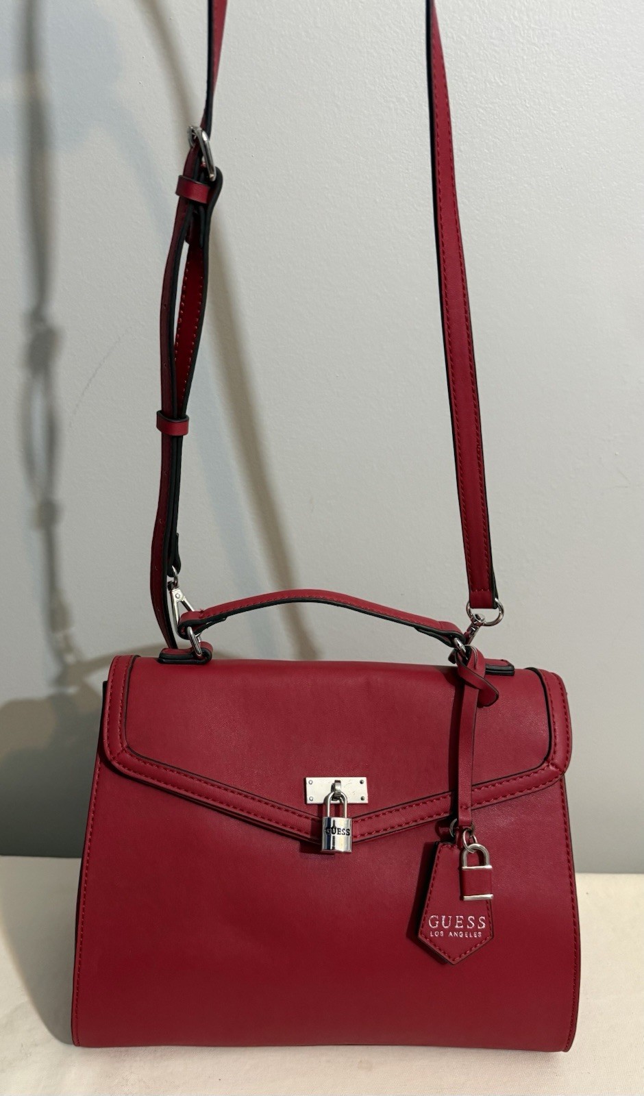 Guess Kravitz Satchel Crossbody Bag Red Faux Leather Top Handle Lock Charm Purse