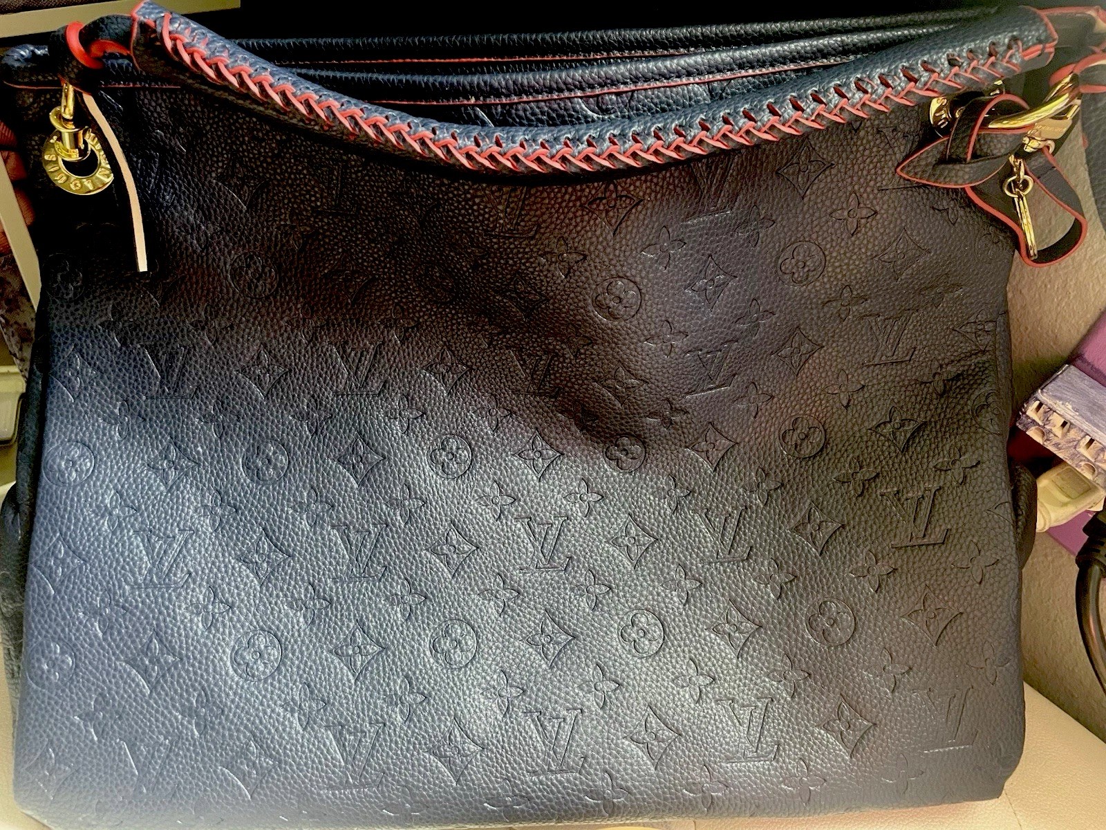 Louis Vuitton Embossed Monogram Large Shoulder Bag Zip Blue with Red Lining