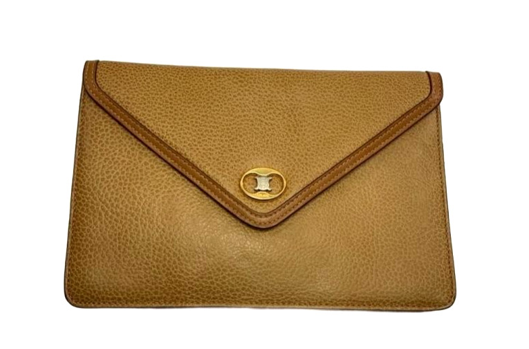 CELINE Vintage Leather Clutch Bag Camel Gold Hardware W9.8in × H6.5in Authentic