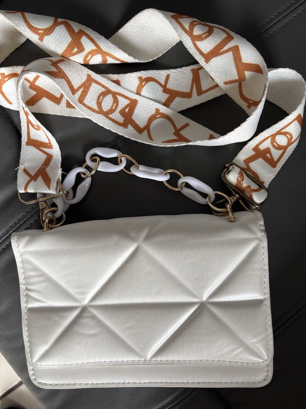 White Quilted Small Crossbody Bag Flap Closure Detachable Strap Chain Gold