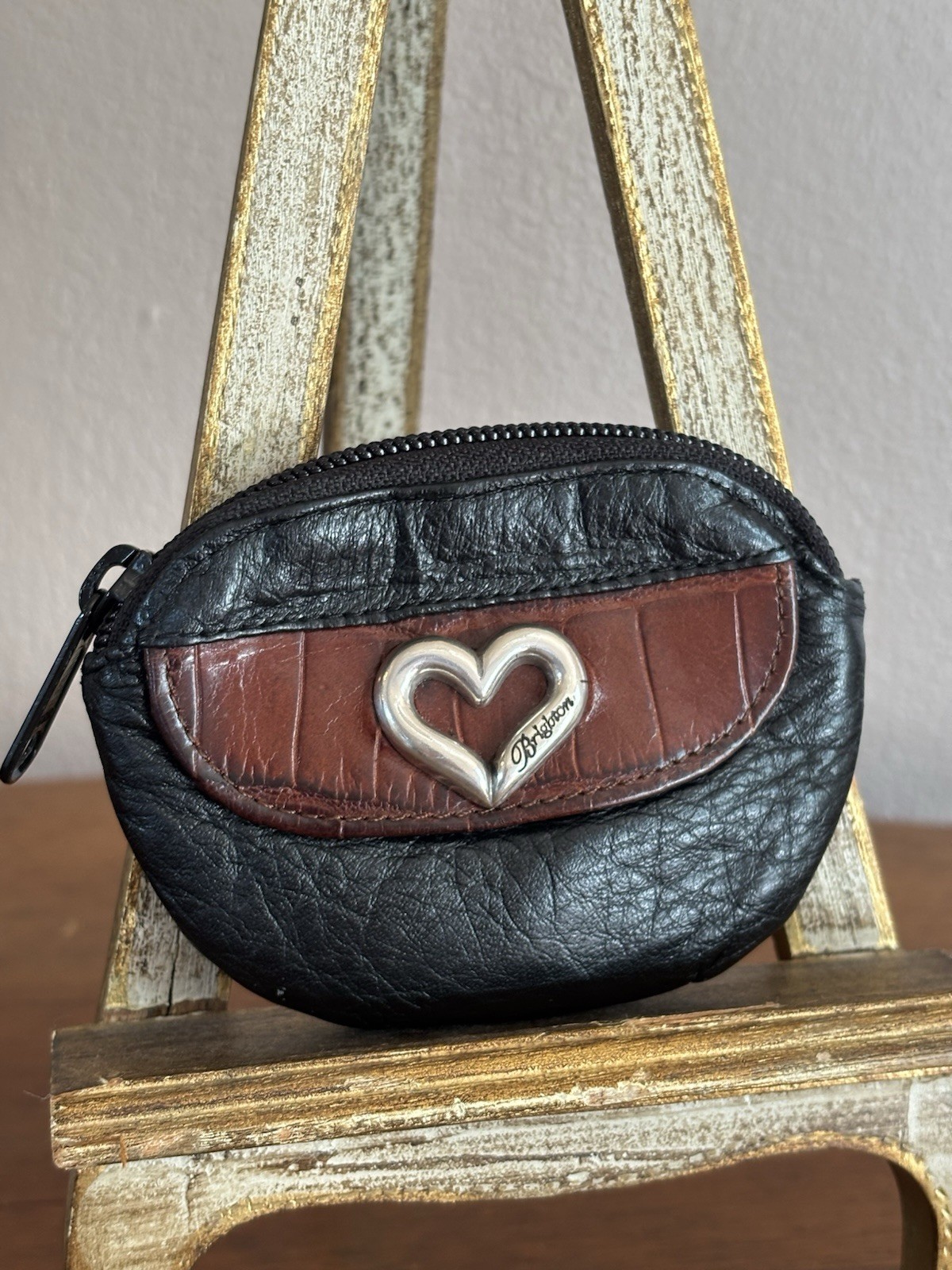 Brighton mini coin purse black pebbled leather and brown croc front flap