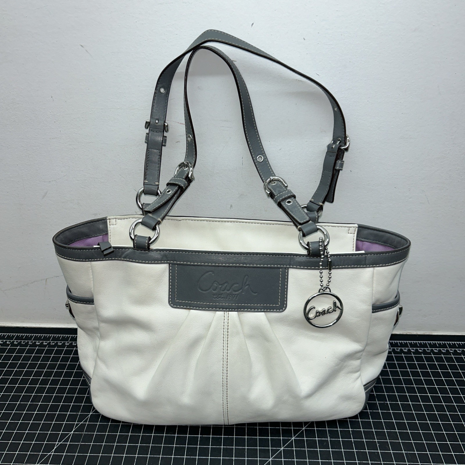 Coach East West Gallery Leather White & Grey/ Purple- Pleated Tote Handbag Purse