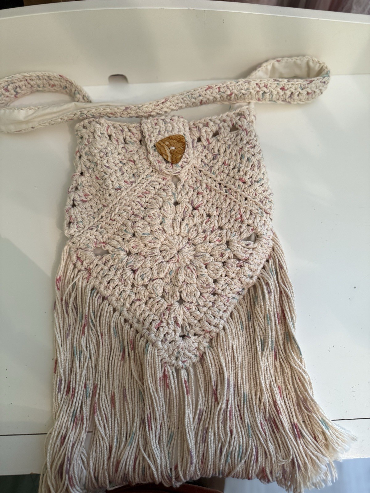 Handmade Crochet Shoulder Bag Or Crossbody Bag With Fringe In Neutral Color.