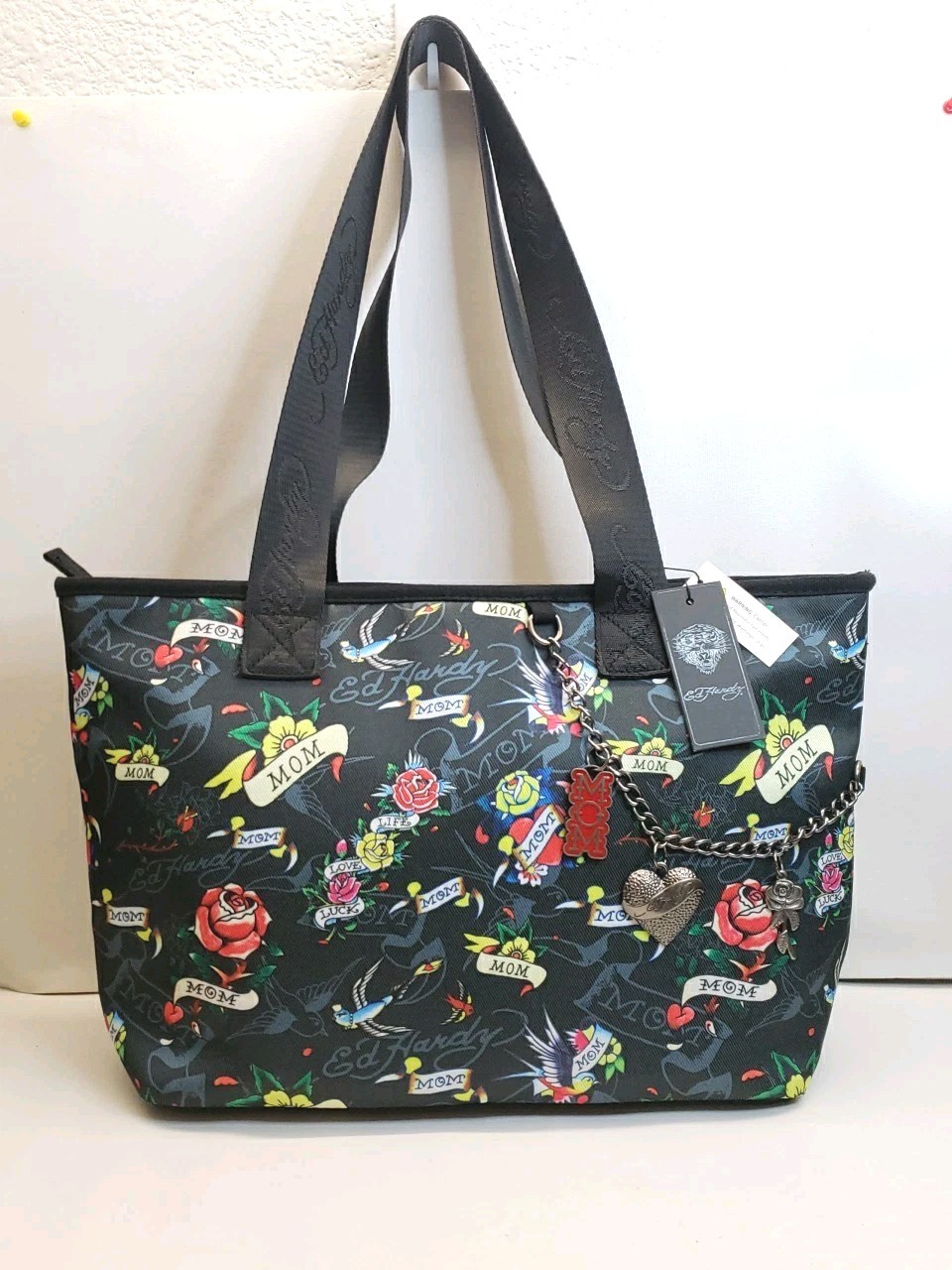 Ed Hardy Black Floral Tattoo “MOM” Print Large Tote Bag Charm Accents New!