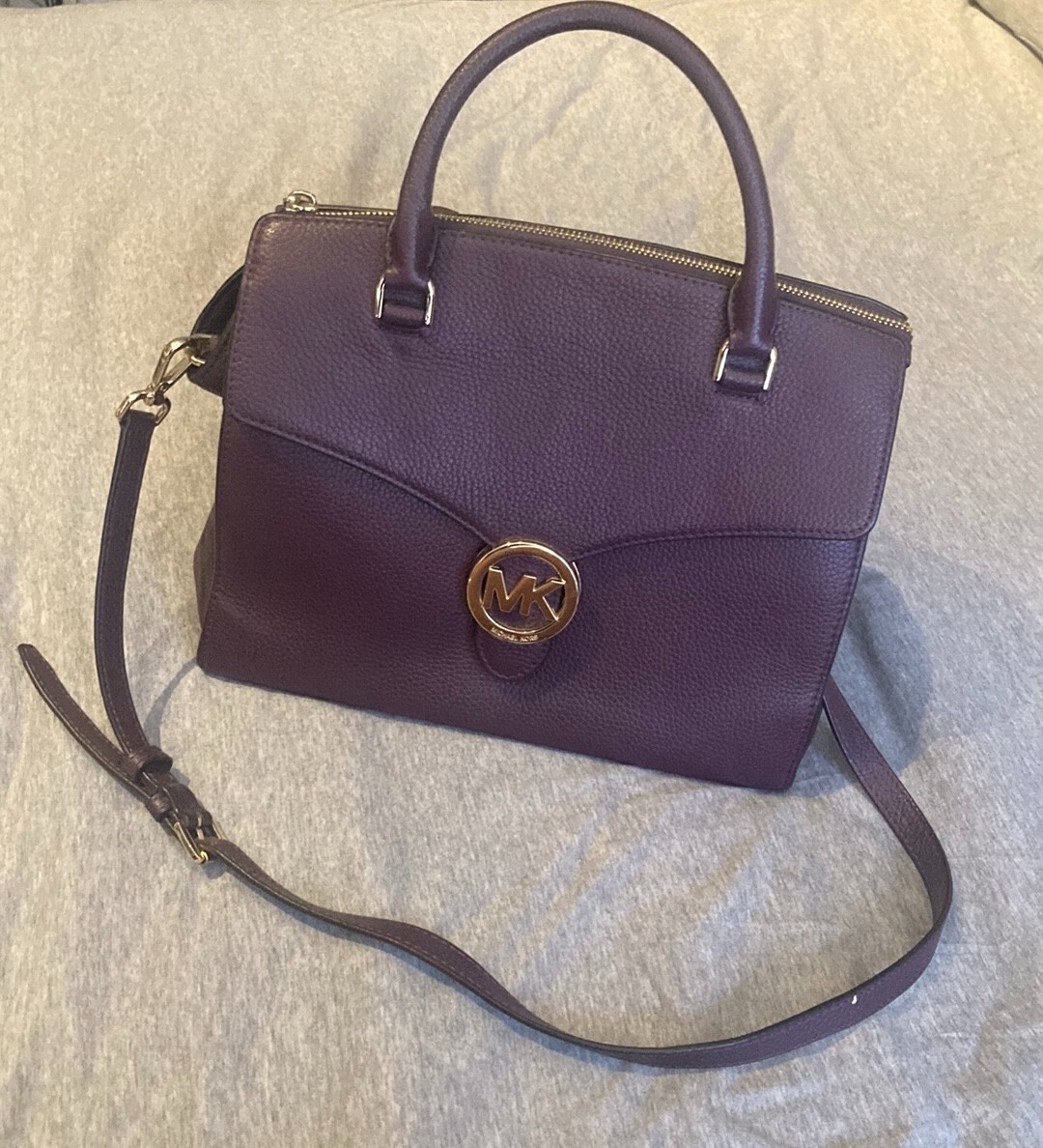 MICHAEL KORS eggplant handbag with strap (9”h x 11”w, 5” bottom) gently used