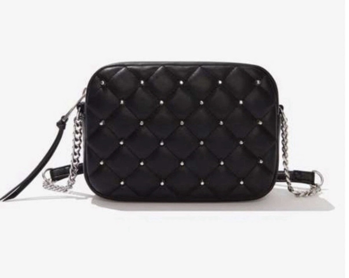 Rebecca Minkoff Black Studded Quilted Crossbody Bag Silver Hardware Zip Top