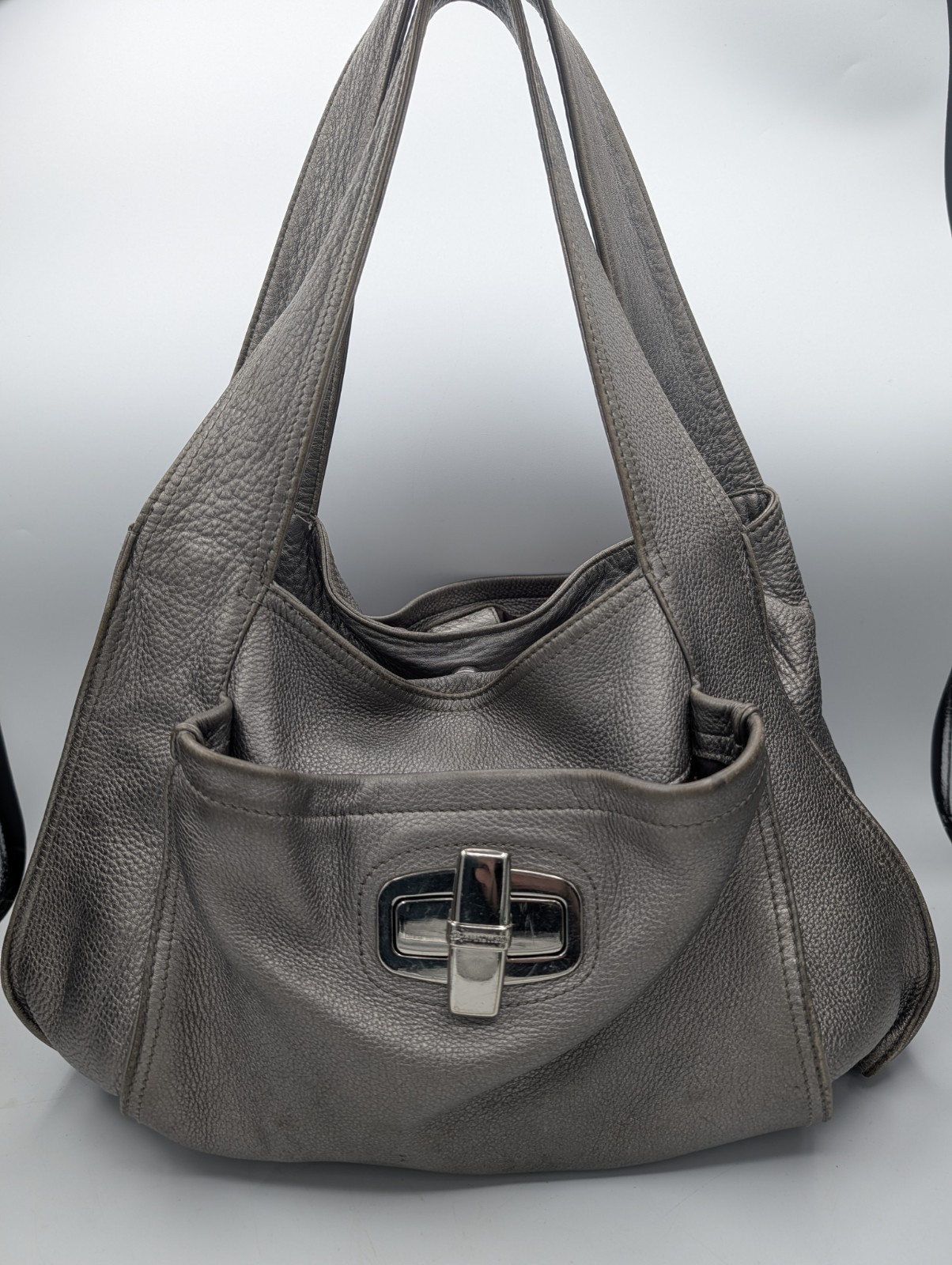 B. MAKOWSKY Pewter Grey Leather Turnlock Large Hobo Shoulder Bag