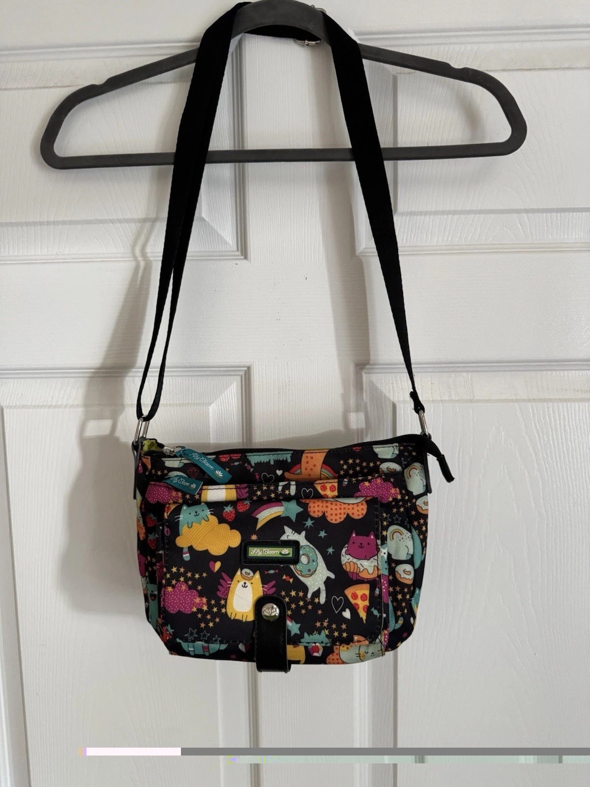 Lily Bloom Cat Graphic Print Crossbody Bag Zip Adjustable Strap Outer Pockets