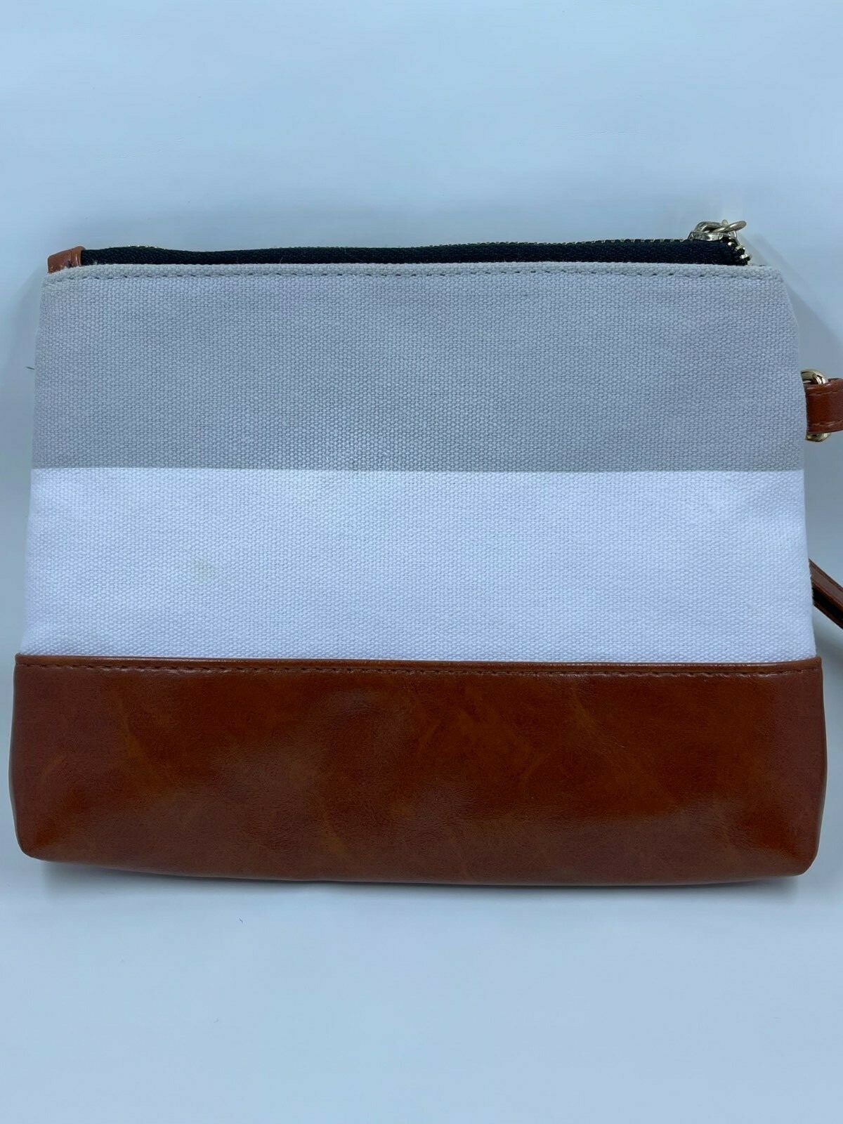 Funky Monkey Large Clutch, Gray/White Stripe & Soft Brown Vegan Leather Bottom