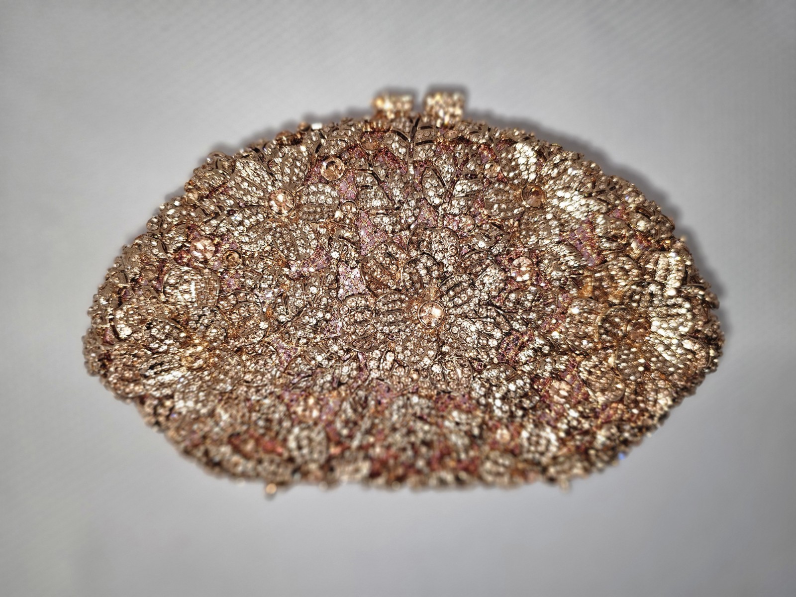 Boutique De FGG Rose Gold Rhinestone Floral Clutch Minaudiere w/ 2 Chain Straps