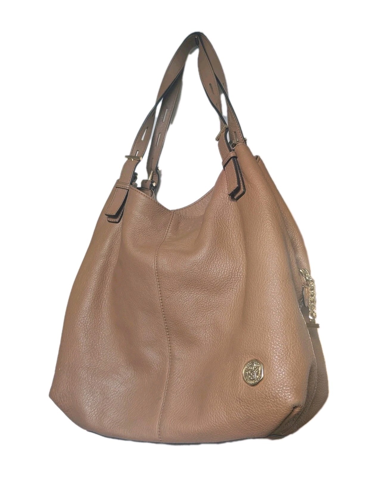 Vince Camuto Chestnut Brown Pebbled Leather Slouch Shoulder Bag Gold Hardware