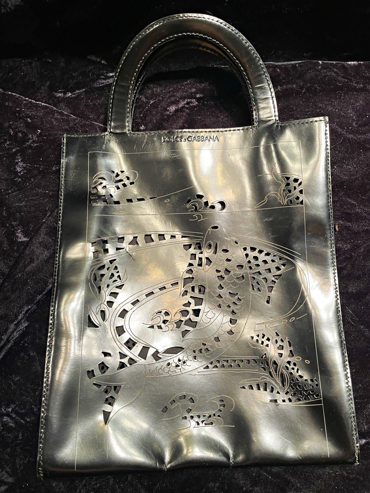 Rare Dolce & Gabbana Black Leather Koi Fish Laser Cut Art Tote Italy Luxury