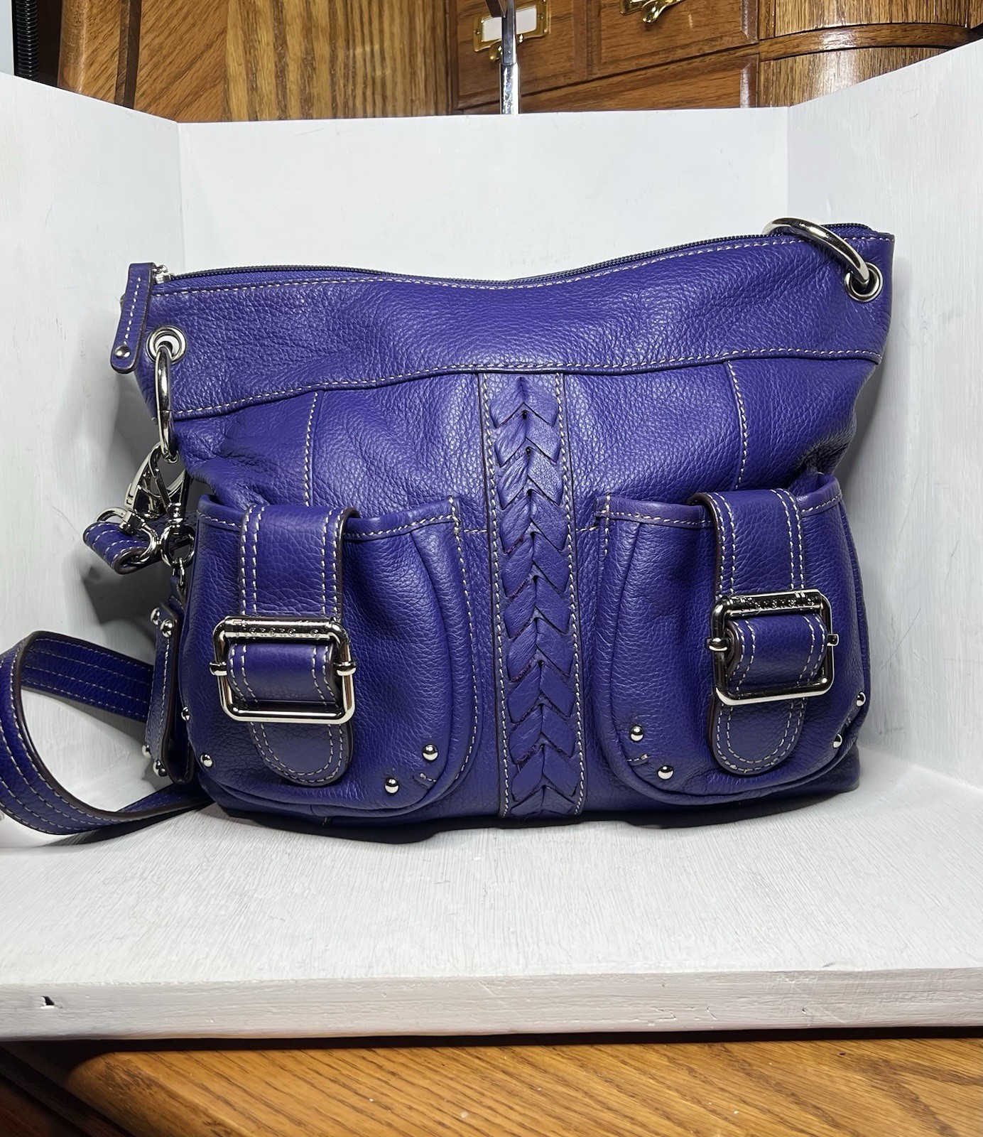 Tignanello A220099 Purple Leather Double Front Pocket Crossbody with Mirror Key
