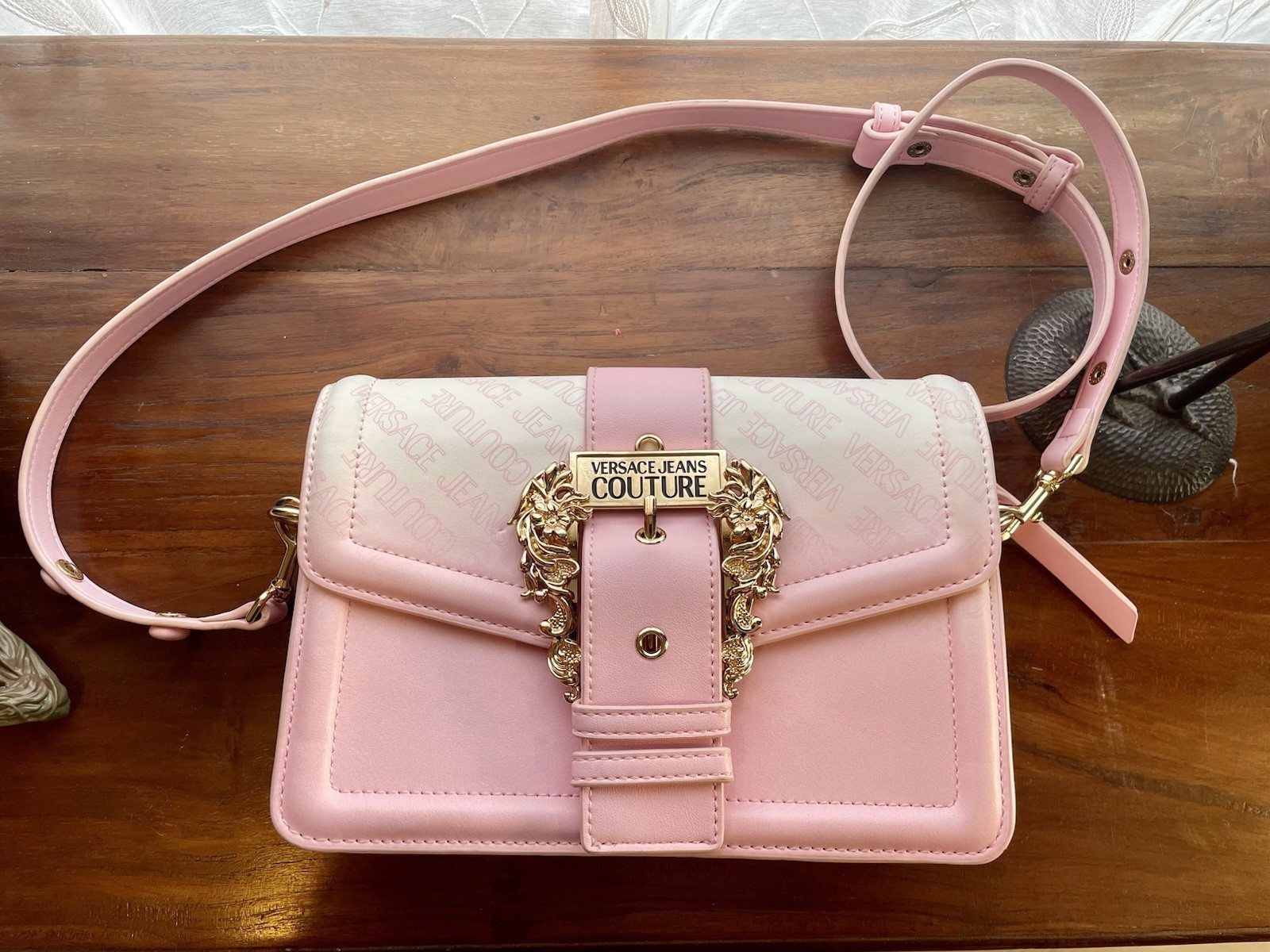 Versace Jeans Couture Pink/White Logo Small Crossbody Bag Charm Gold Hardware