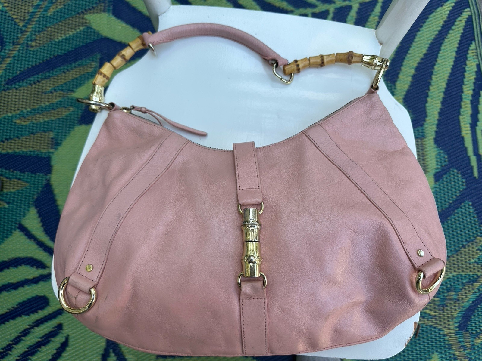 Gucci Style Pink Leather Purse Bamboo Shoulder Bag Demi Lune Banana Republic