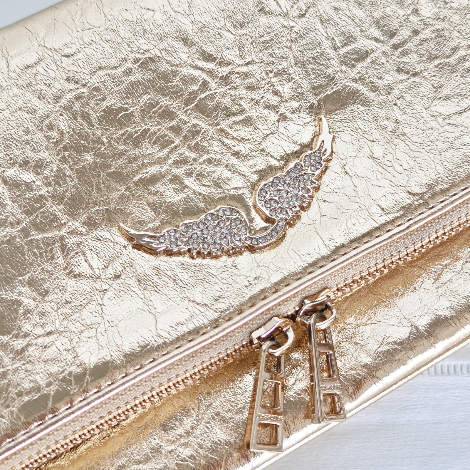 Zadig & Voltaire Rock Wing Gold Crinkled Bag Crystal Wing Crossbody 27x15cm