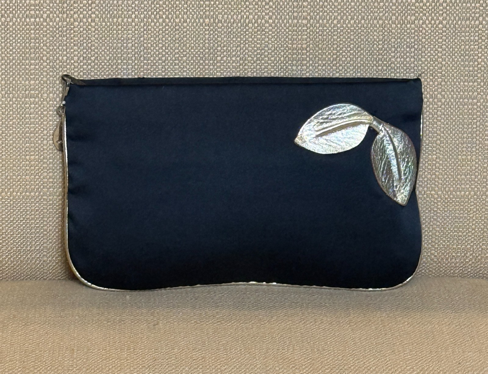 Black Satin Evening Clutch Purse Gold Leaf Applique & Trim Formal Cocktail Handb