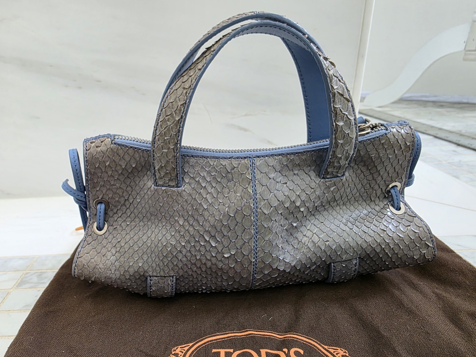 Vintage Tods Mini Blue Python Snakeskin Leather Trim Candy Bag Made In Italy