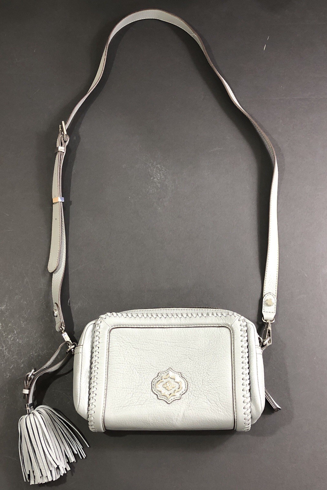 orYANY Aideen Leather Purse Bag Crossbody Cloud Gray Tassel Whipstitch