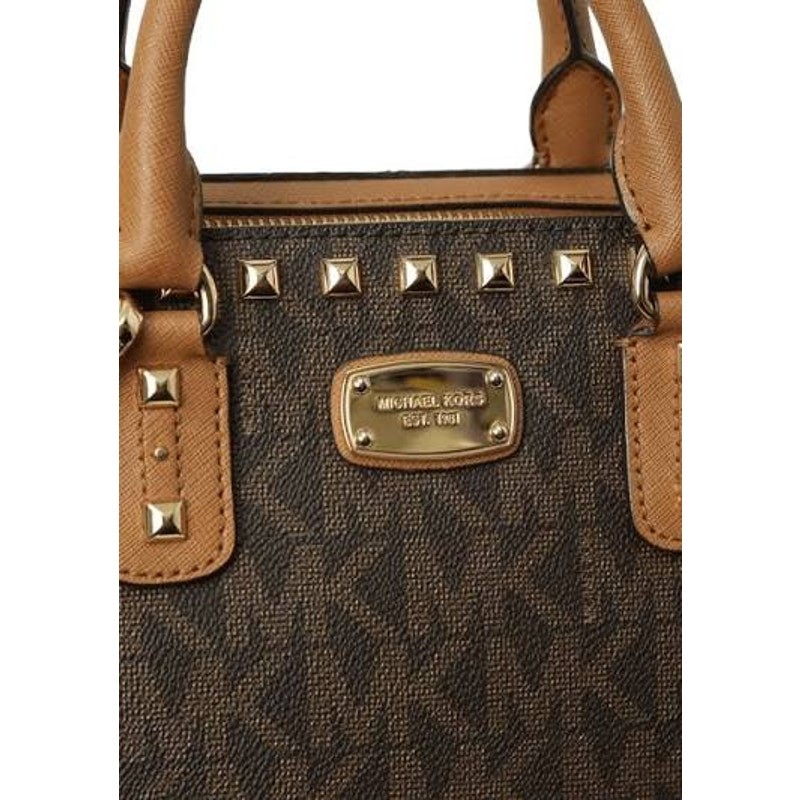 Michael Kors Sandrine Studded Small Satchel Crossbody Bag Brown MK Signature