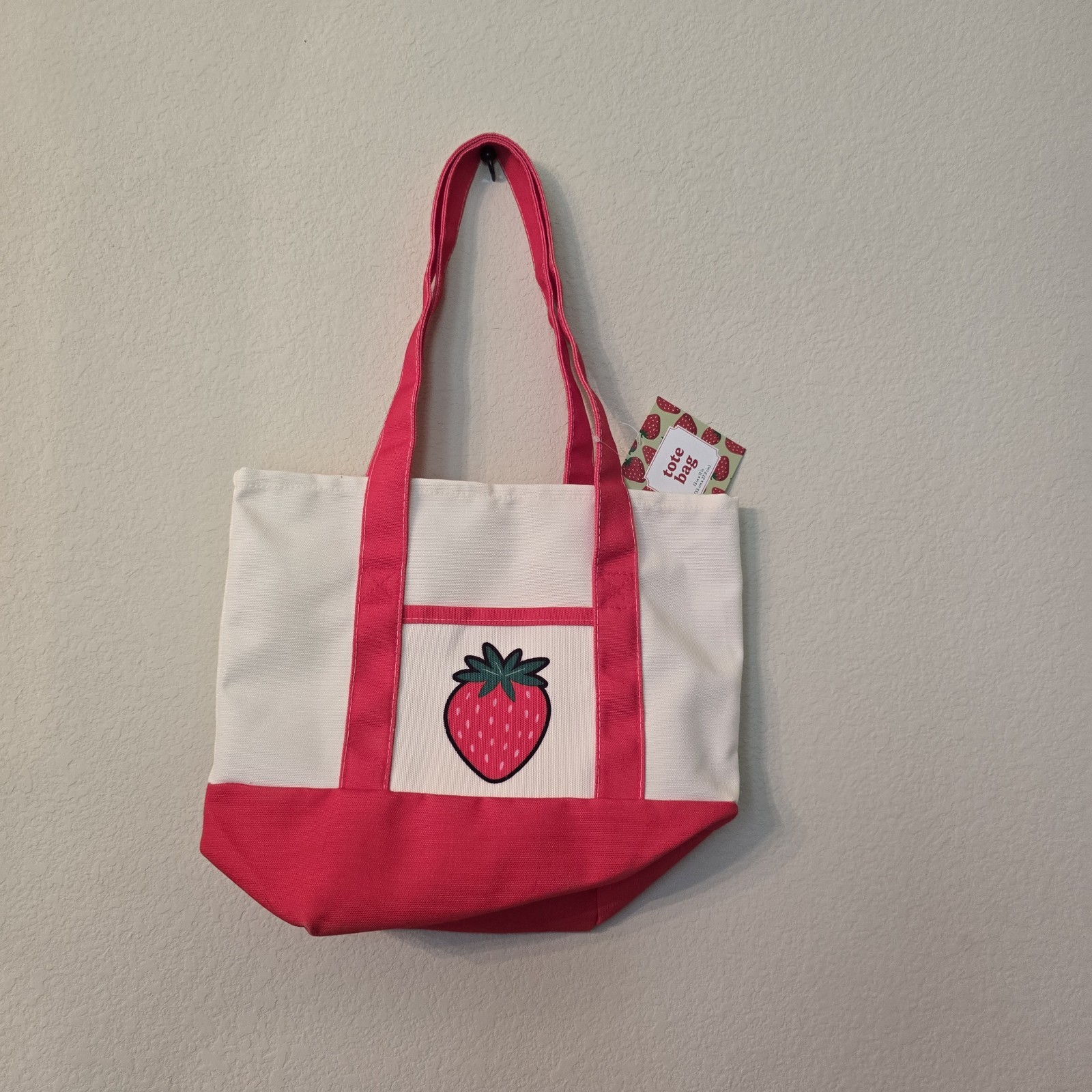 Women’s White/Red Tote Bag Strawberry Graphic, Open Top, Inner Pockets