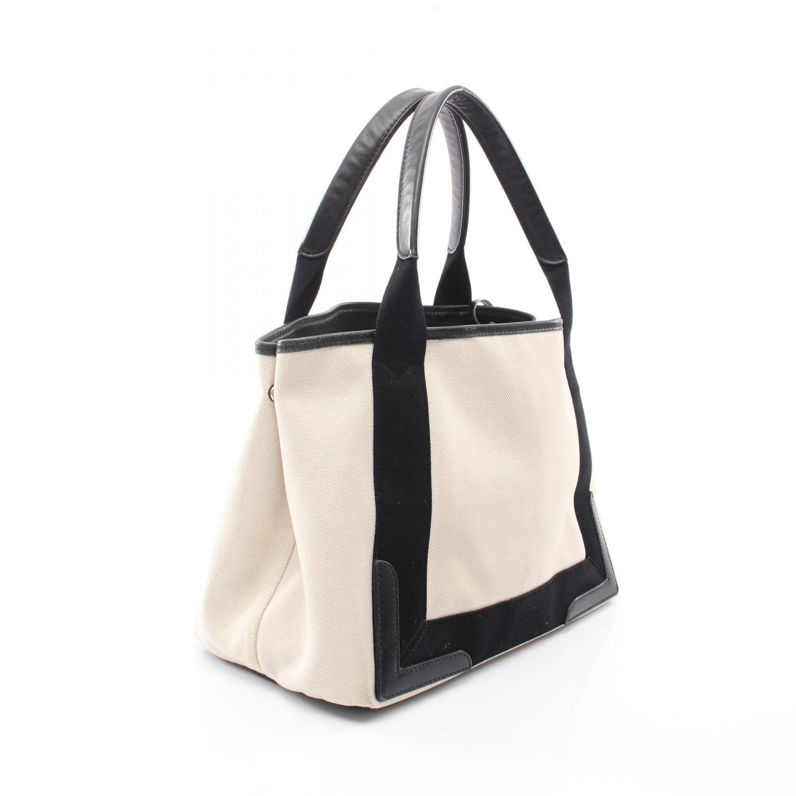 BALENCIAGA NAVY CABAS S Tote Bag 339933 canvas leather Beige Black Used Women