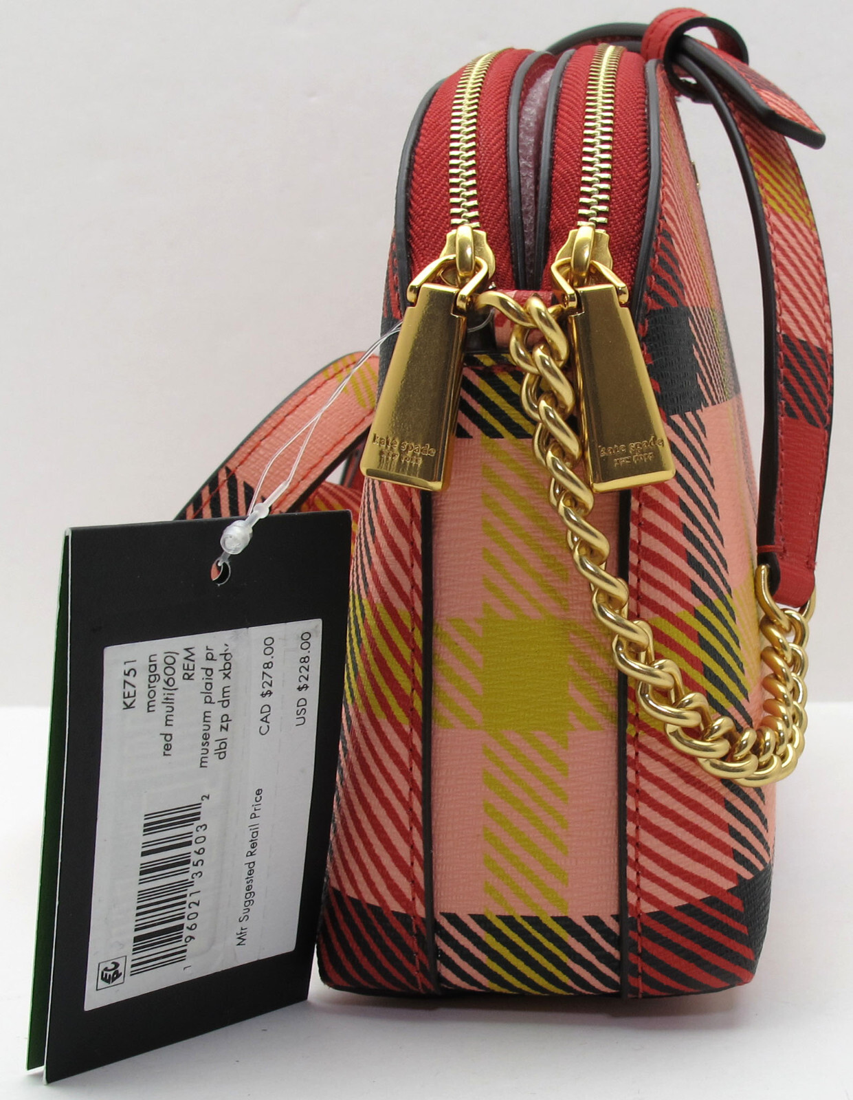 NEW KATE SPADE Morgan Leather Museum Plaid Double Zip Crossbody Red Multi Gold