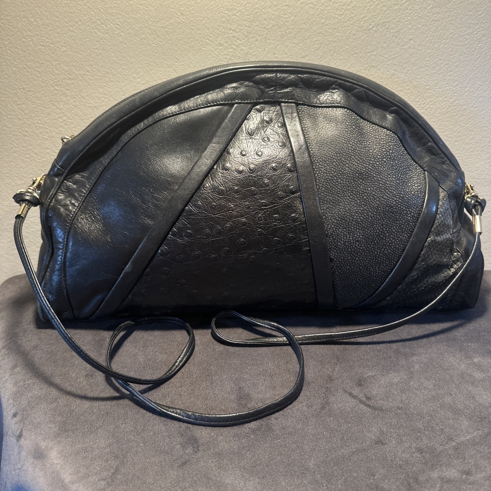 Vintage Italian Agostino Black Ostrich/Pebble/Reptile Leather Half Moon Purse