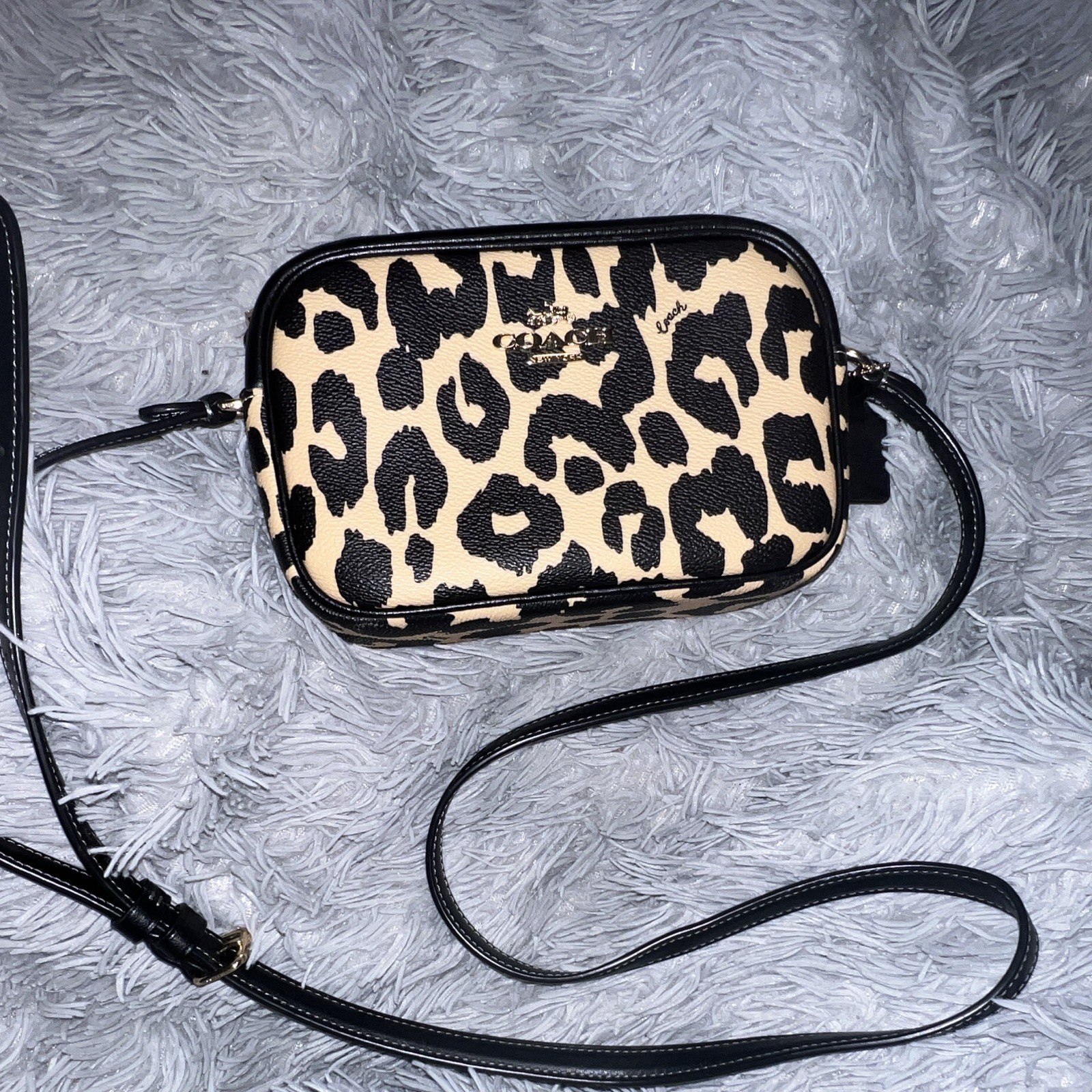 Coach Leopard Print Small Crossbody Bag Beige/Black Zip Gold Hardware