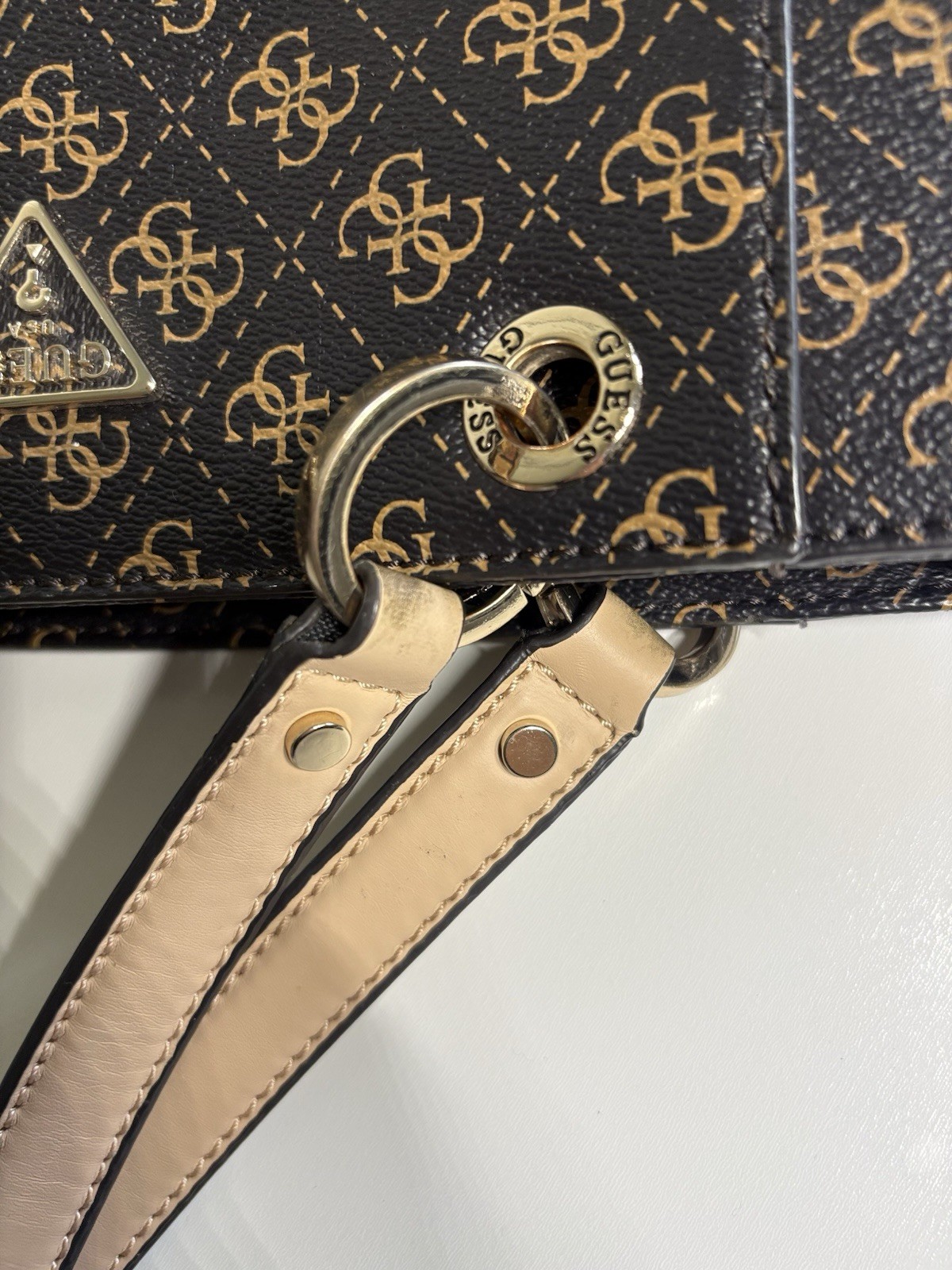 GUESS Brown/Beige Logo Tote Bag Zip Top, Inner Pockets, Bag Charm