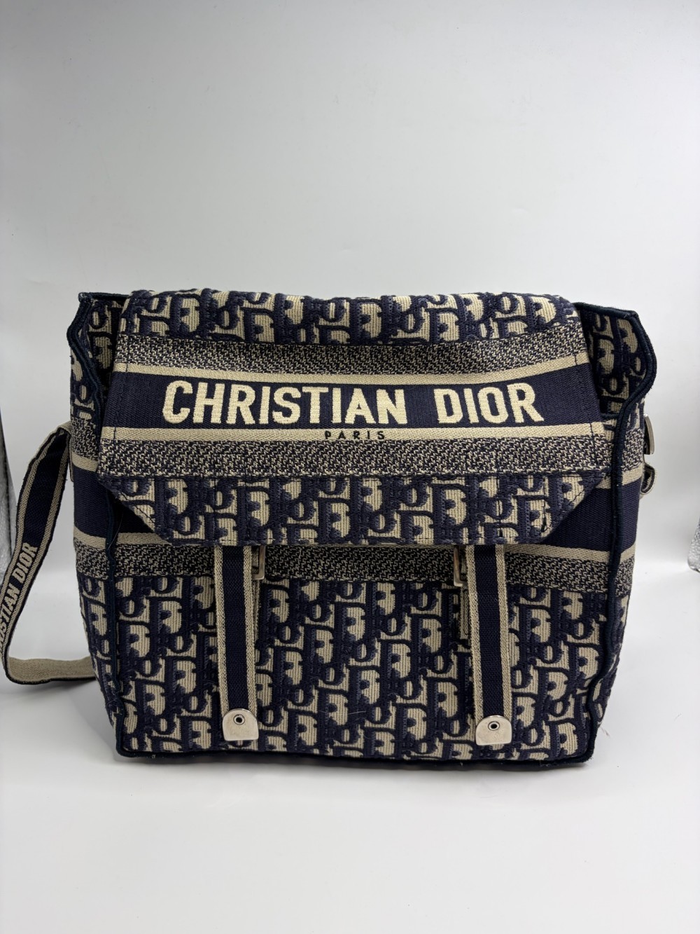 DIOR DiorCamp Oblique jacquard canvas leather medium messenger bag navy blue