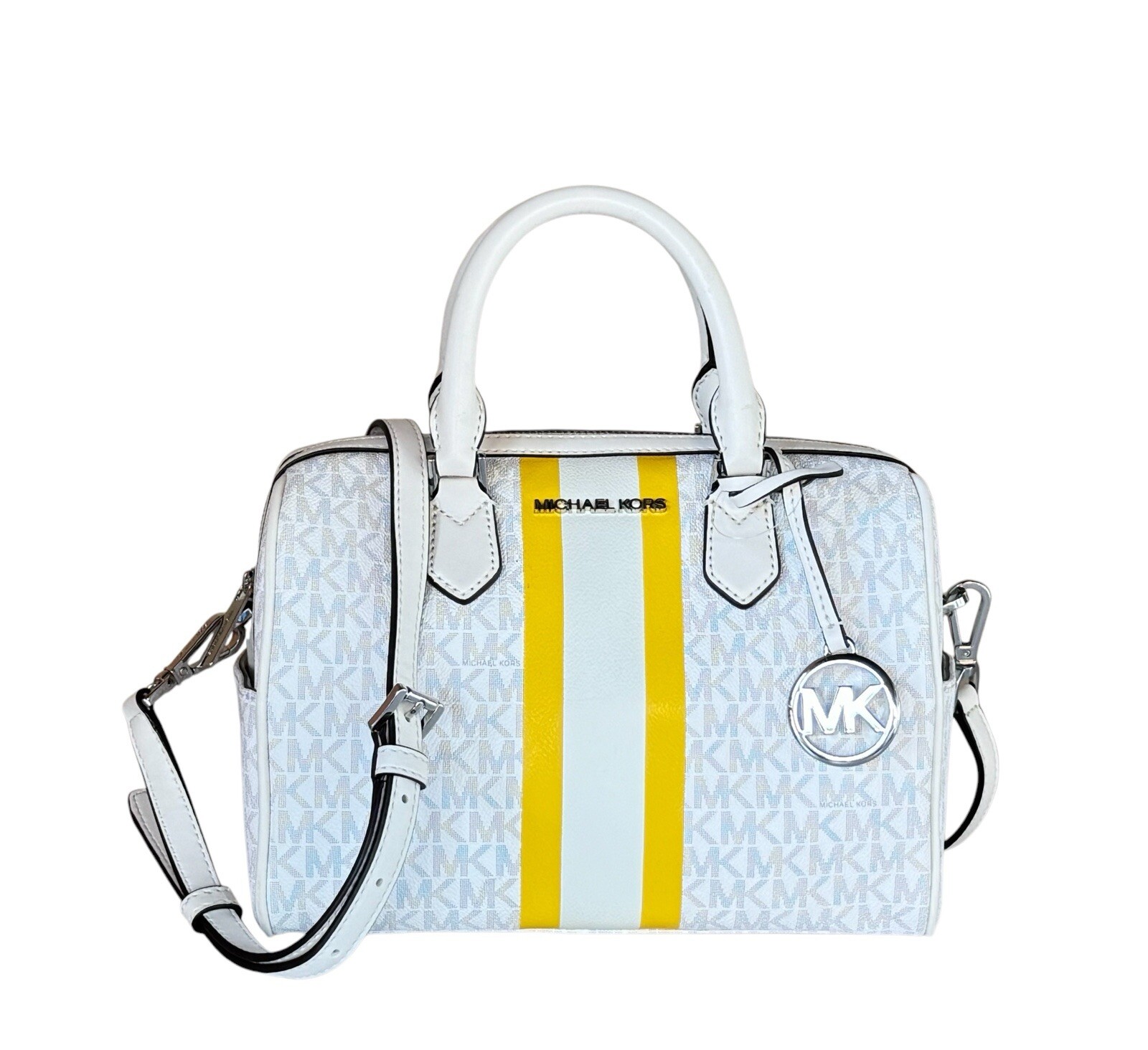 MICHAEL KORS BEDFORD SMALL DUFFLE SHOULDER BAG CENTER STRIPE MK WHITE/YELLOW