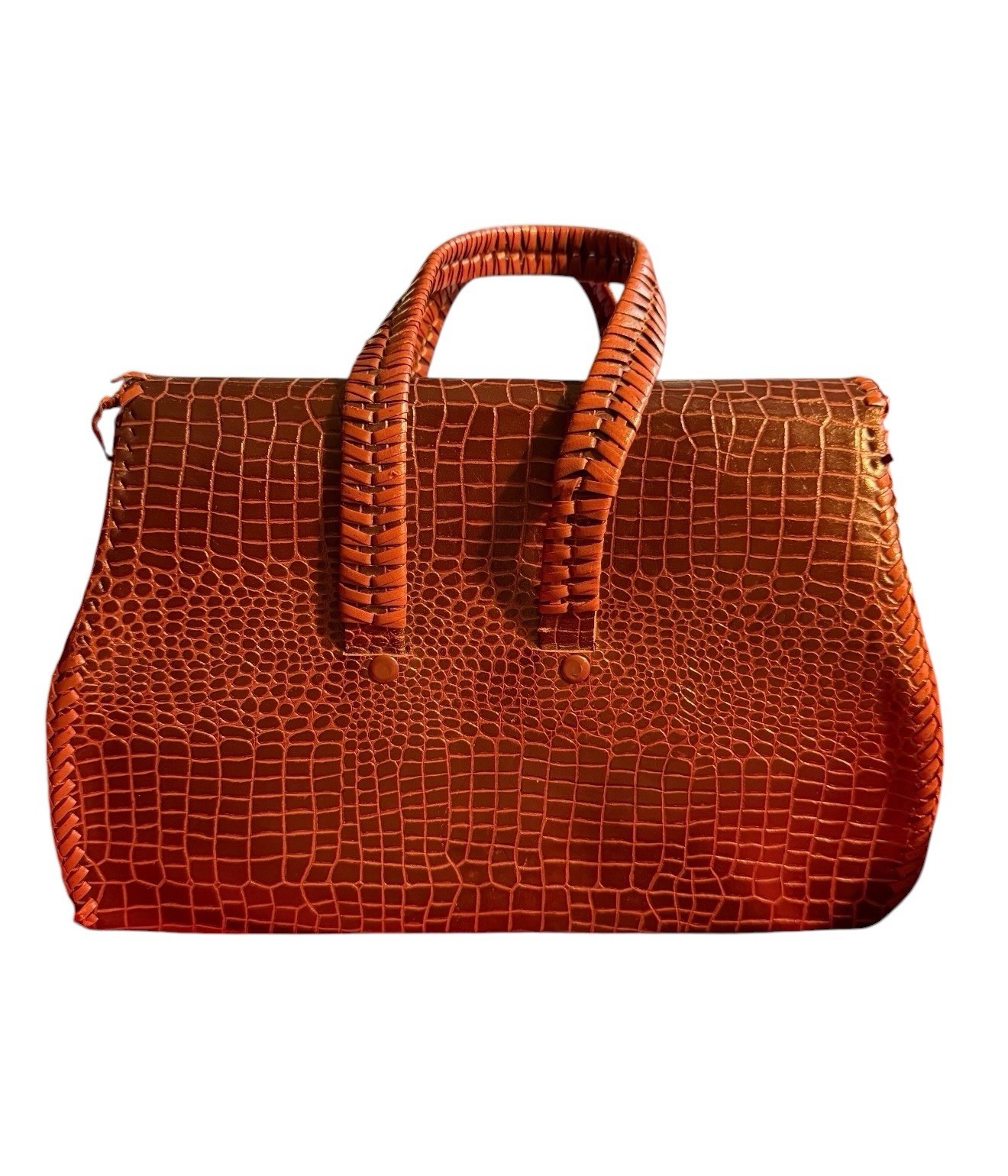 Brown Croc Embossed Rectangle Top Handle Satchel Turn Lock Gold Hardware Pockets