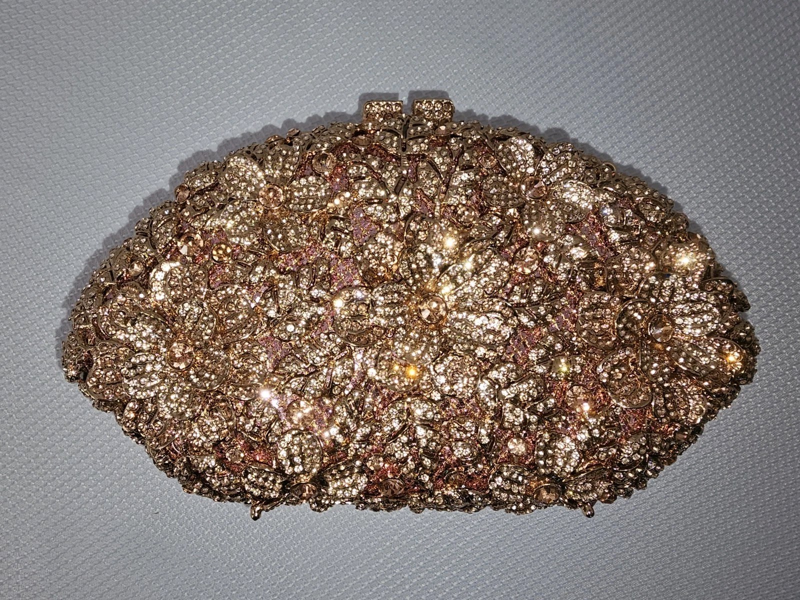 Boutique De FGG Rose Gold Rhinestone Floral Clutch Minaudiere w/ 2 Chain Straps
