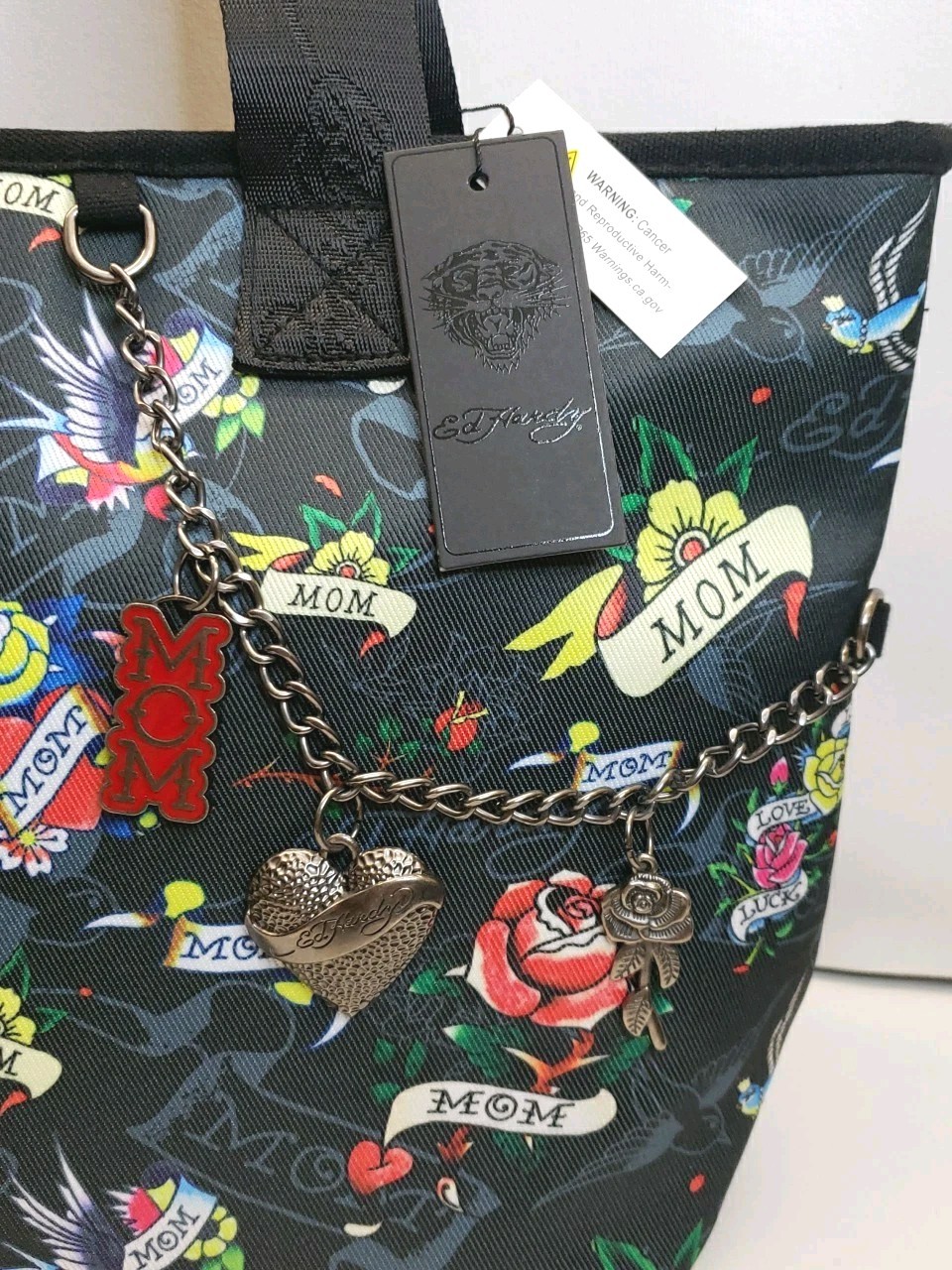 Ed Hardy Black Floral Tattoo “MOM” Print Large Tote Bag Charm Accents New!