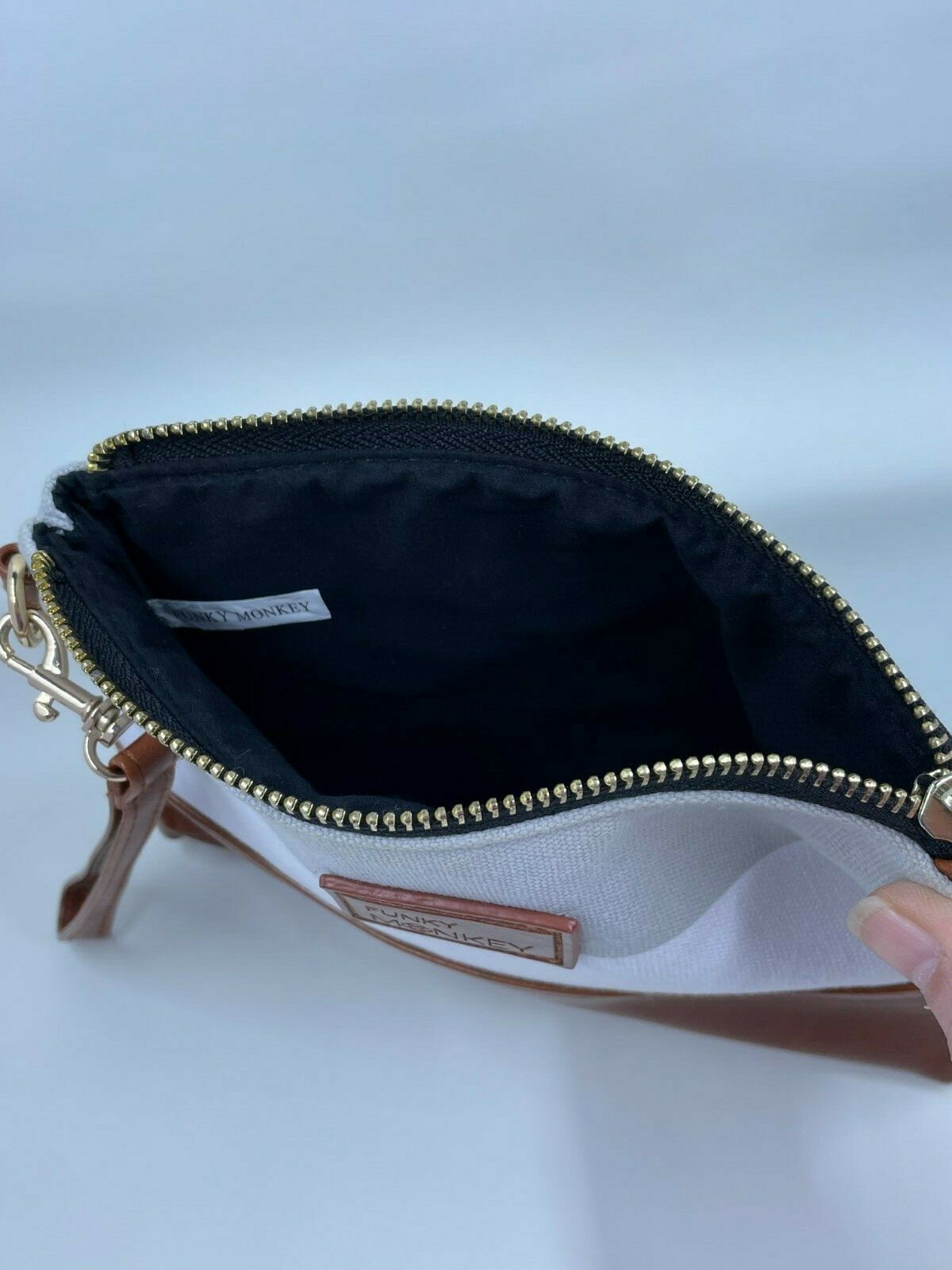 Funky Monkey Large Clutch, Gray/White Stripe & Soft Brown Vegan Leather Bottom