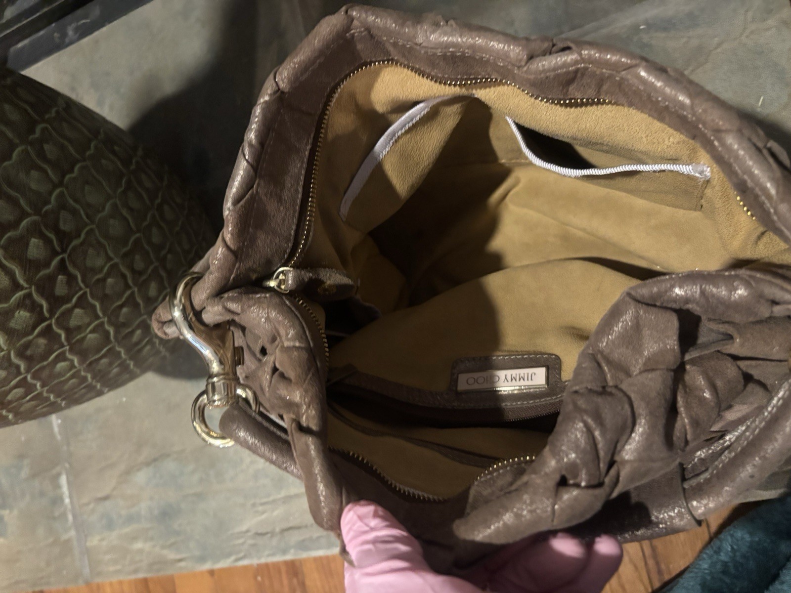 Authentic Jimmy Choo Sky Bag Shoulder Bag Matte Gold/Taupe GUC
