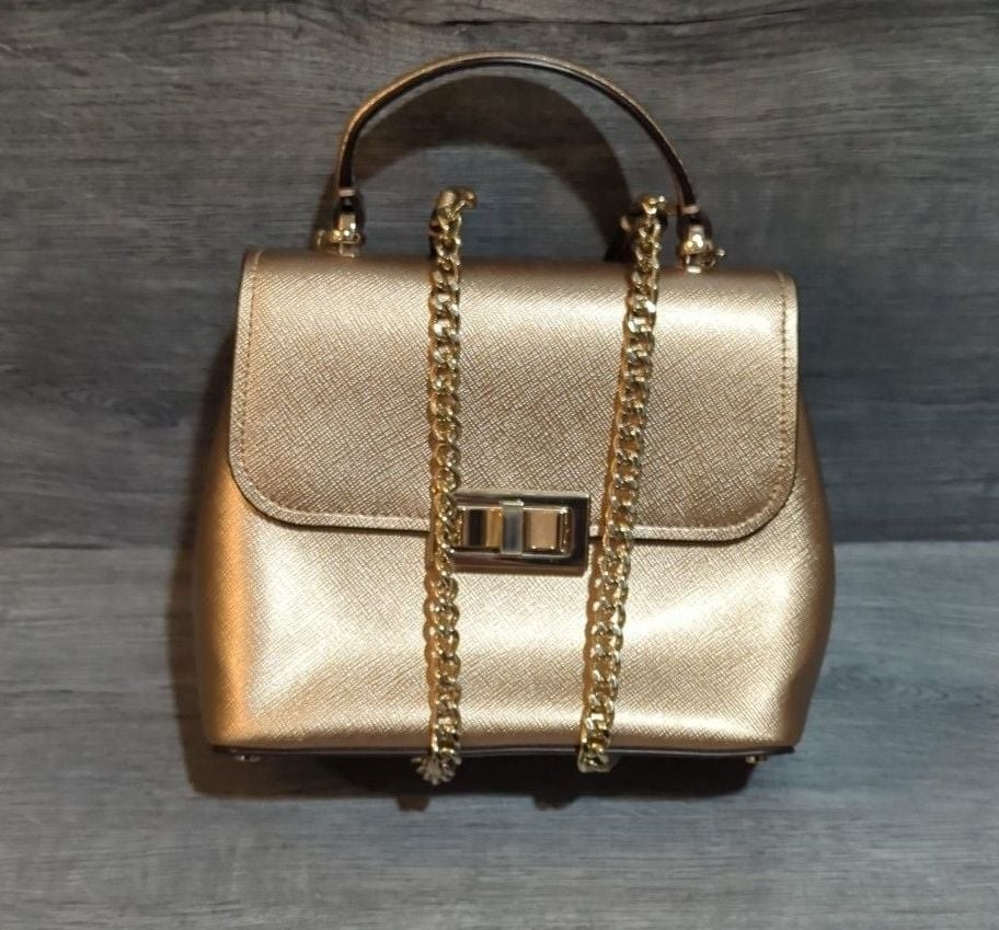 Kate Spade Metallic Gold Saffiano Leather Top Handle Crossbody Chain Purse Lock