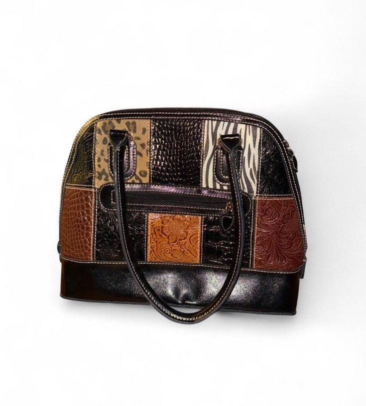 Patchwork Embossed Animal Print Western Satchel Top Handle Bag Black Brown Beige