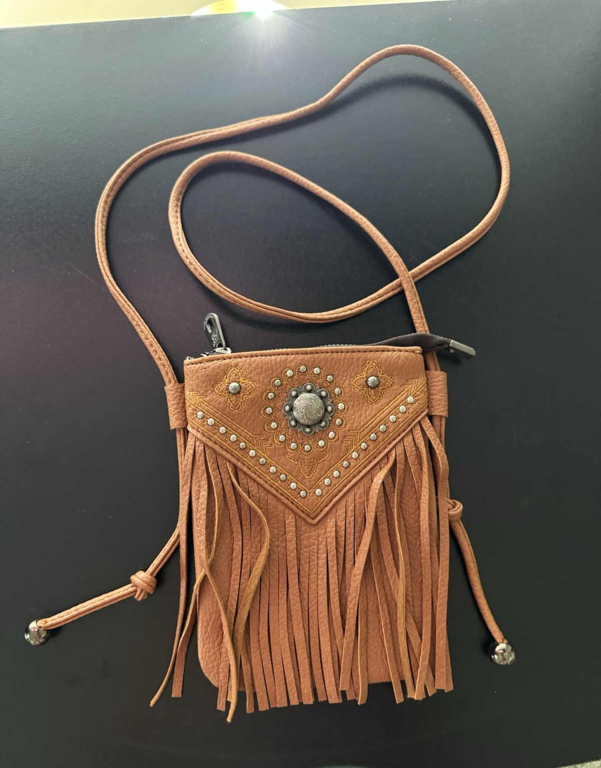 Tan Western Fringe Studded Small Crossbody Bag Zip Closure Adjustable Strap