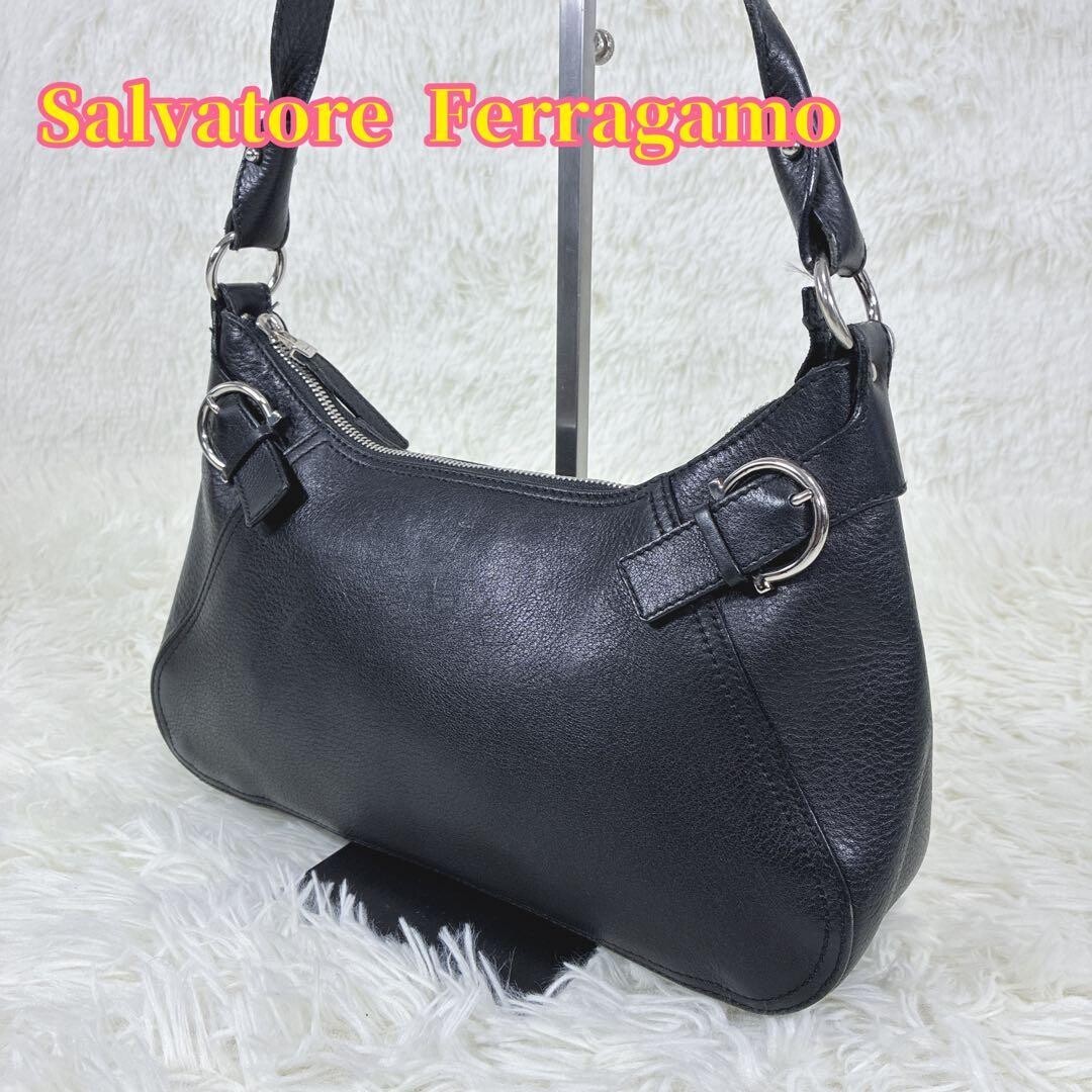 Salvatore Ferragamo Gancini Black Leather Shoulder Bag Silver Hardware AU 21