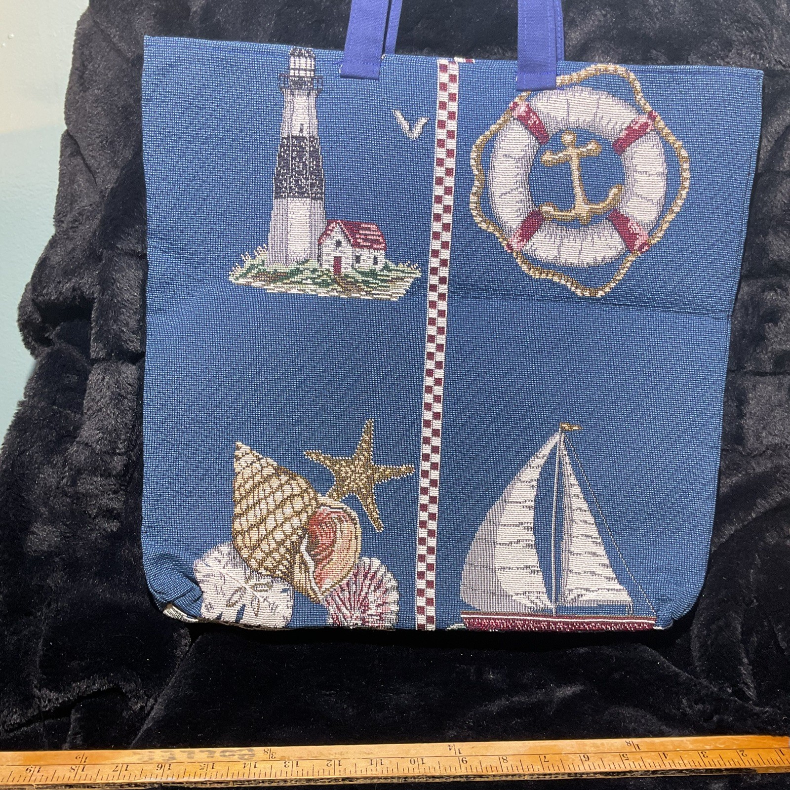 Handmade Beach Themed Tapestry Tote Bag Double Handles Vintage Upholstery