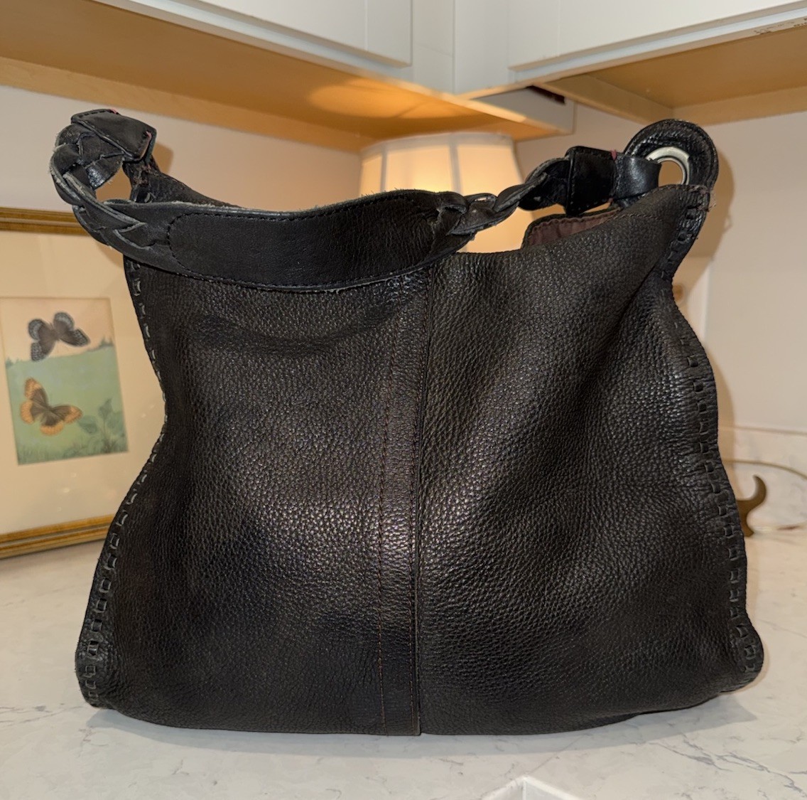 Vintage Lucky Brand Hobo Shoulder Bag Cow Hide Leather Black With Braided Strap